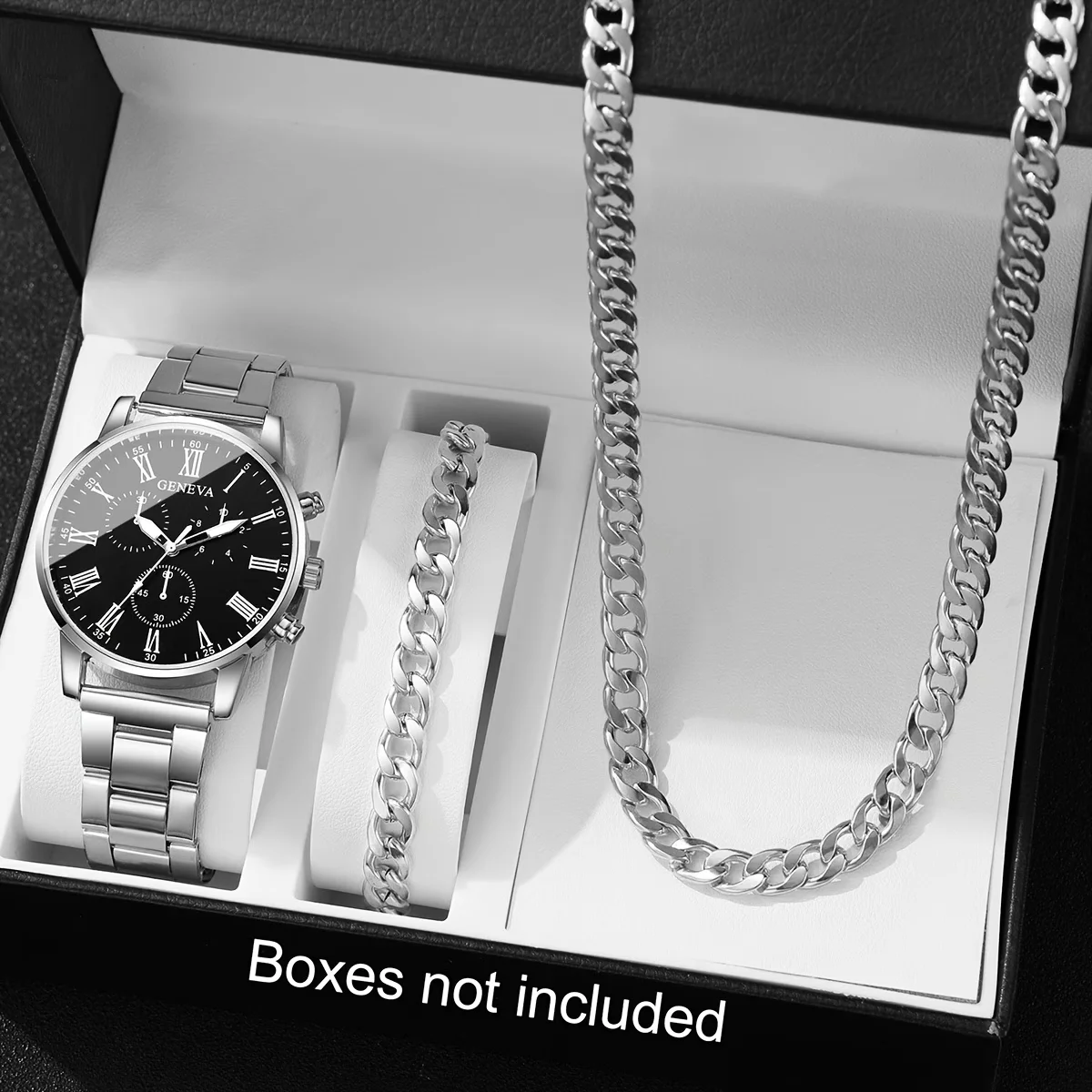Men's Fashionable Roman Numeral Quartz Watch Necklace Bracelet Set, the Best Gift Choice for Various Holiday Occasions.