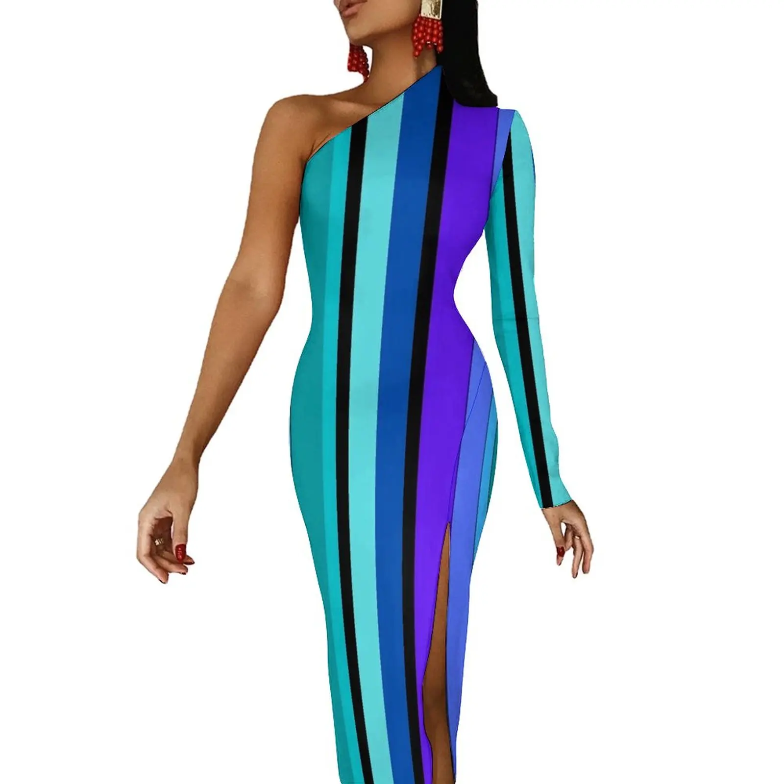 Colorblock Maxi Dress Long Sleeve Rainbow Pinstripe Party Bodycon Dresses Autumn Pretty Dress Female Graphic Vestido