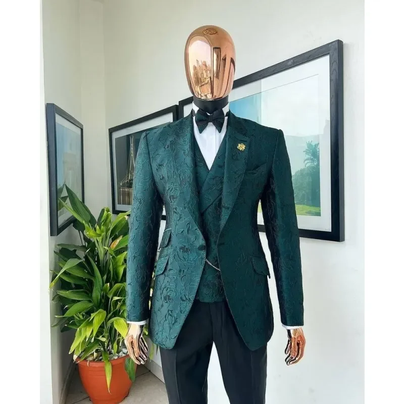 

New Men Suits 3 Pcs Green Jacquard Jacket Vest Black Pant Casual Male Clothing Wedding Tuxedo Groom Prom Dress Custom Blazer