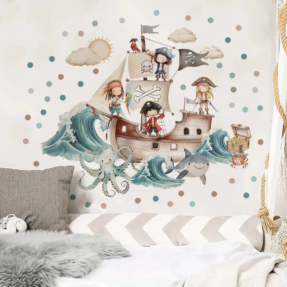 Piratenschiff Nautisches Abenteuer Wandaufkleber Ozean Meereswellen Wandtattoos Schlafzimmer Spielzimmer Heim-Wanddekoration