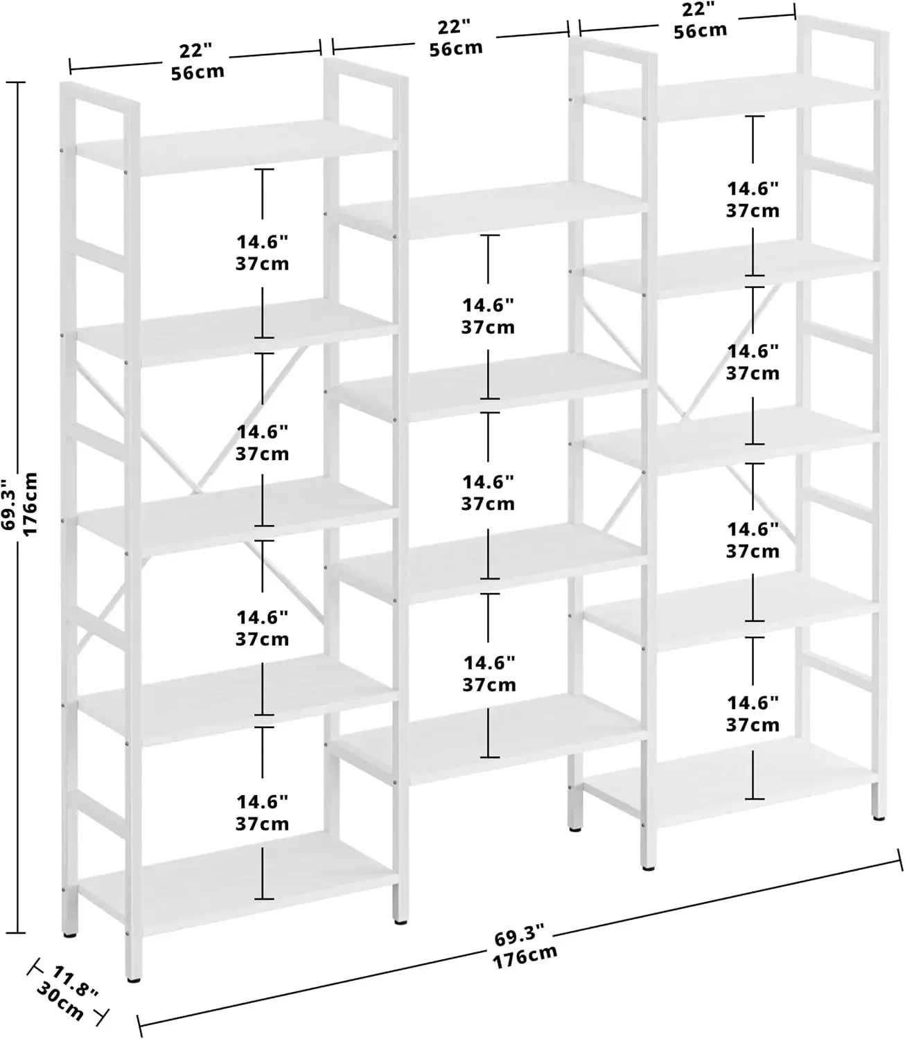 Bookcases and Bookshelves Triple Wide 5 Tiers Industrial Bookshelf, Large Etagere Bookshelf Open Display Shelves with Metal Fram