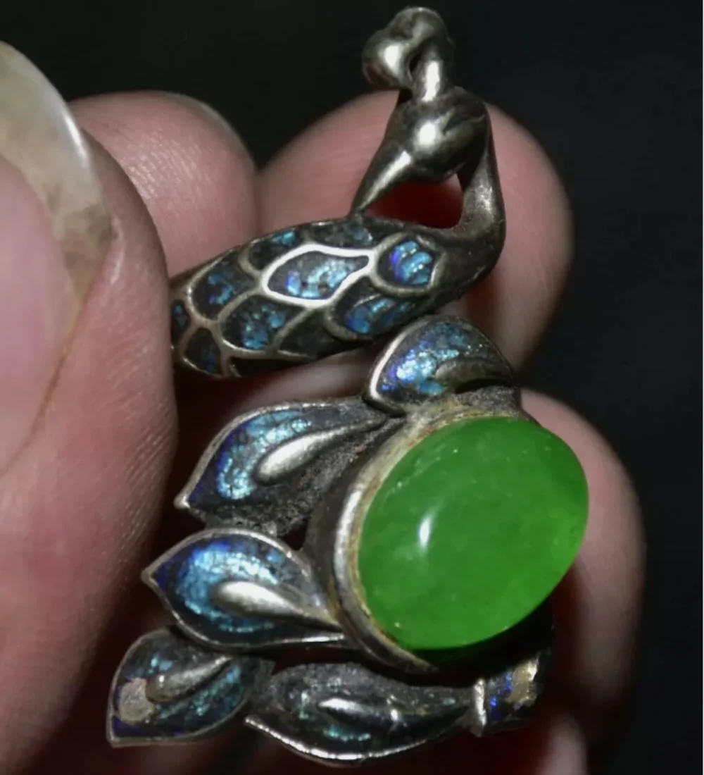 

1.6" Rare Old China Cloisonne Silver inlay Green Jade Gem Peacock Hand Ring