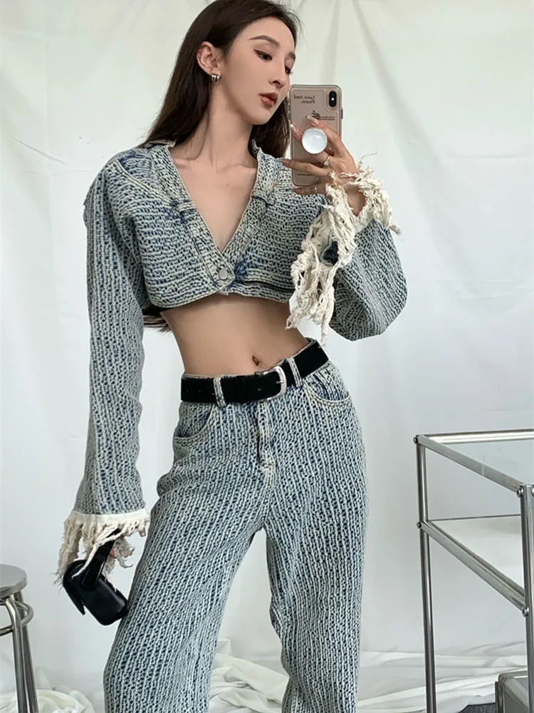 

2022 Autumn New Arrivals Long Tassel Sleeve Single Button Denim Short Jackethigh Waist Full Jeans Two Piece Set Women