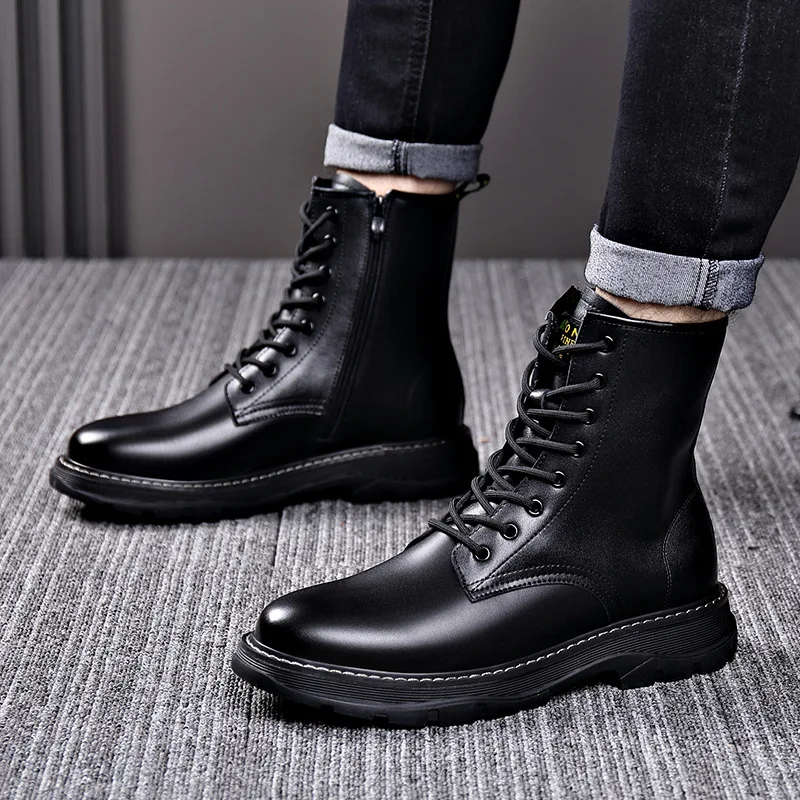 men's casual autumn winter boots black genuine leather shoes cowboy platform chunky boot handsome high motorcycle botas hombre