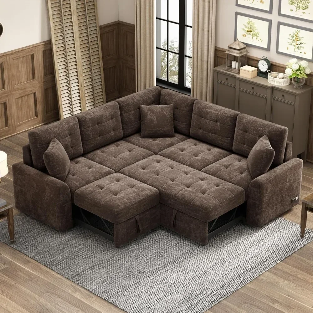 Sofa bed, sleeper sofa, L-shaped segmented sofa with comfortable backrest and power sockets for living room and small apartment