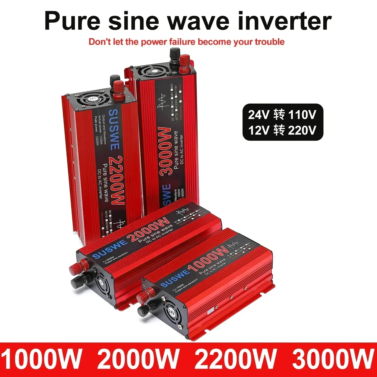 4PCS 12V Car Inverter 1000W 2000W 2200W 3000W  DC to AC 220V 110V Pure Sine Wave Converter Solar Power Inverter for RV Camping