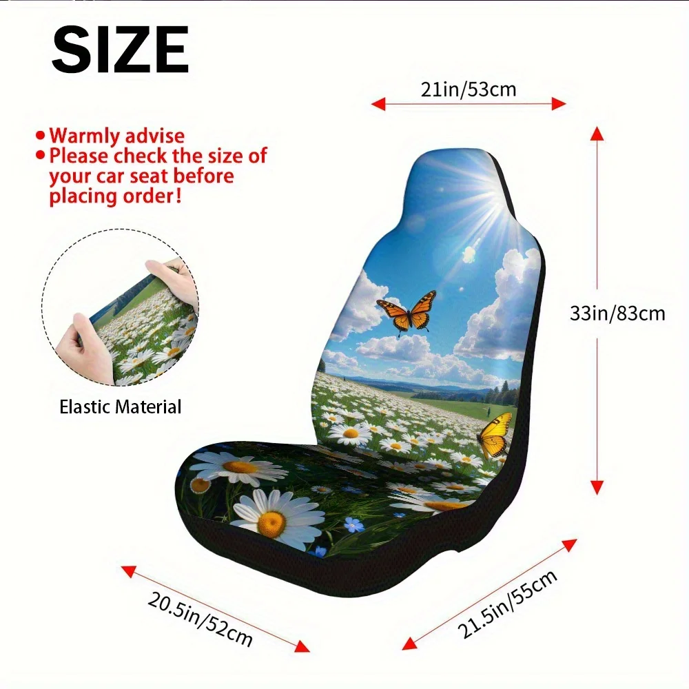 2pcs Vibrant Daisy Butterfly Field Sky Print Front Seat Covers | Universal Fit, Polyester, Machine Washable, Perfect Gift For Da