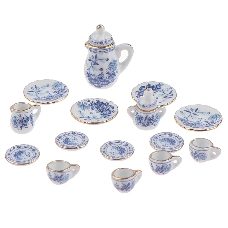 15Pcs 1:12 Dollhouse Miniature Tableware Porcelain Ceramic Tea Cup Set Doll House Accessories