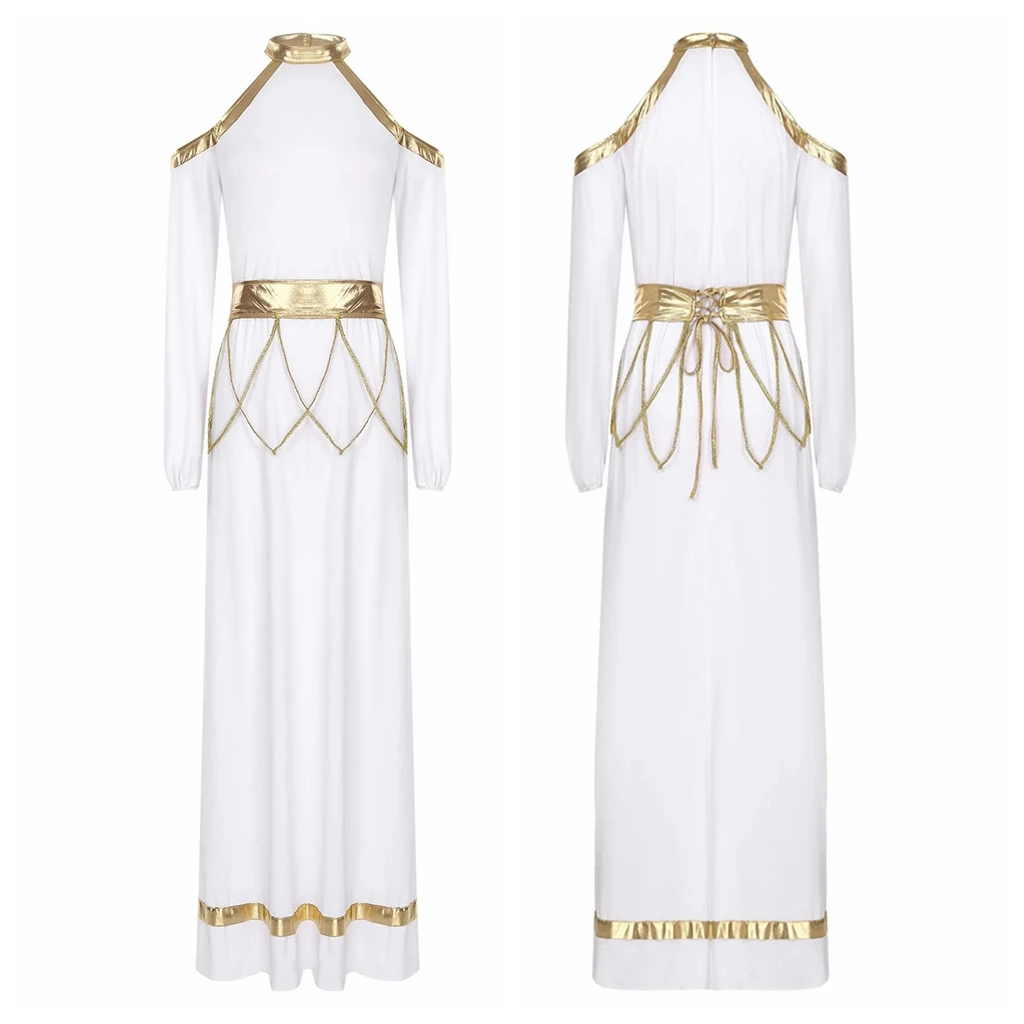 Womens Liturgical Praise Dance Long Gown Classical Dancewear Choir Performance Gown Cold Shoulder Metallic Trim Dress with Belt