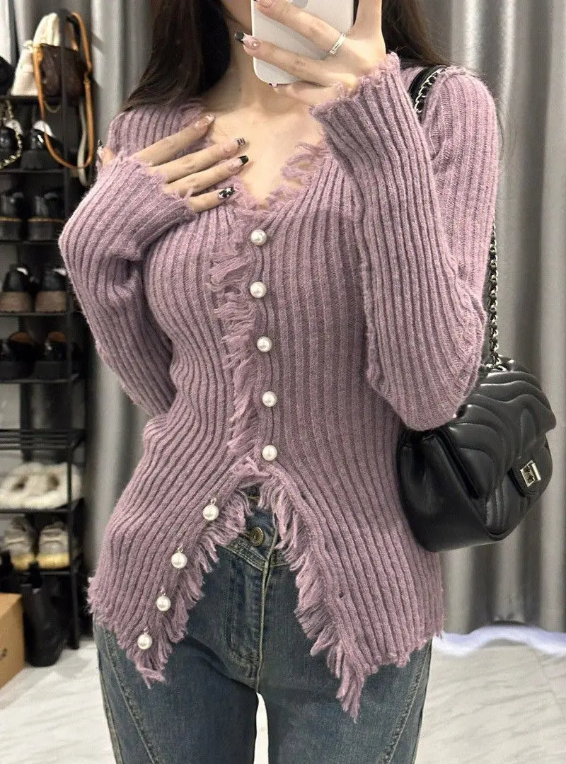 Sweater Chic Y2k Cardigans Pure Color Fashion Casual Female Vintage Korean Style V Neck Niche Design Purple Ins Women's Tops