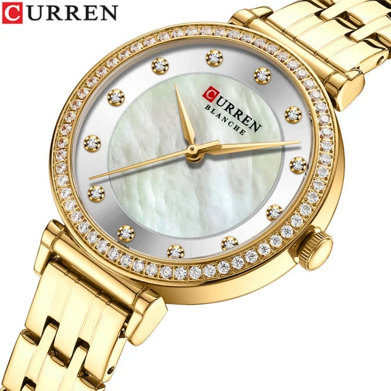 CURREN 9087 Diamond-studded Quartz Watch for Ladies, Ultra-thin Round Shell Dial Waterproof Stainless Steel Strap Wristwatch