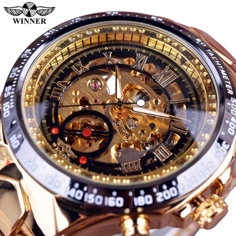 

Official brand of free shippingHollow Men's Automatic Mechanical Watch Gold Stainless Steel Strap Watch Hot Sale