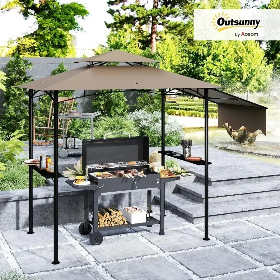 8' x 5' Grill Gazebo Double Tiered Side Awning 6 Hooks Brown