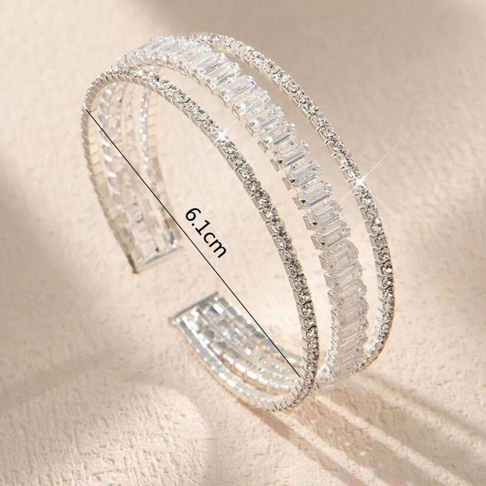 Multi Rows Full Rhinestone Open Bangle For Women Silver Color Sparkling Crystal Stone Evening Party Bangle Fashion Jewelry