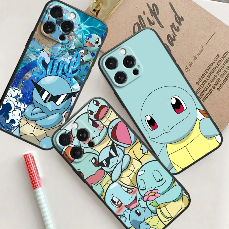 P-Pokemon Cute Johnny Turtle For iPhone 15 14 13 12 11 XS XR X 8 7 SE Pro Max Plus Mini Black Back Phone Case