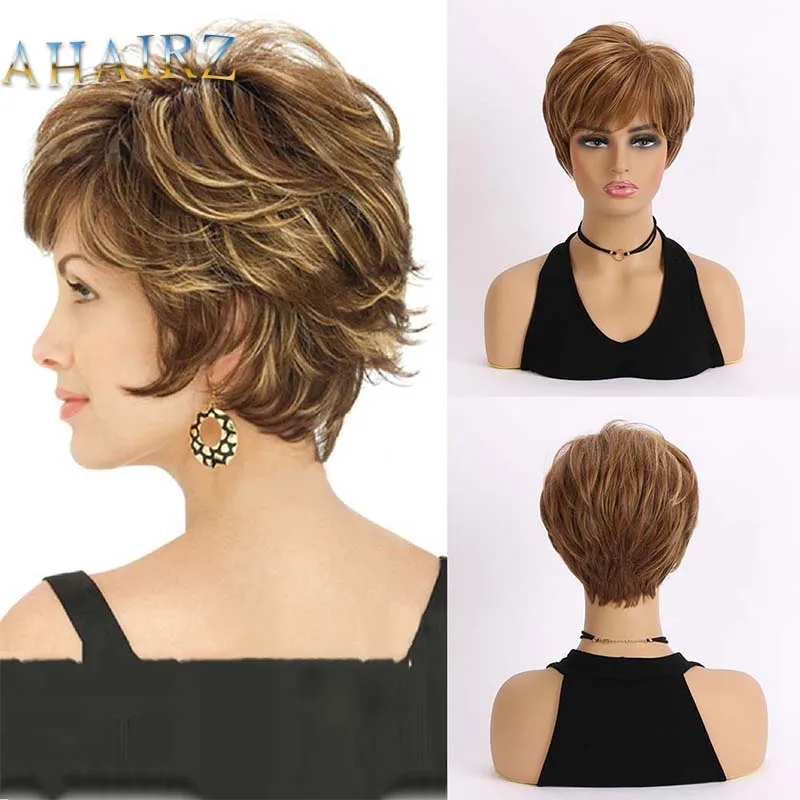 Short Curly Wigs for Woman Synthetic Brown Mixed Golden Yellow Hair Fluffy Fashion Party Daily Use Heat Resistant Wigs