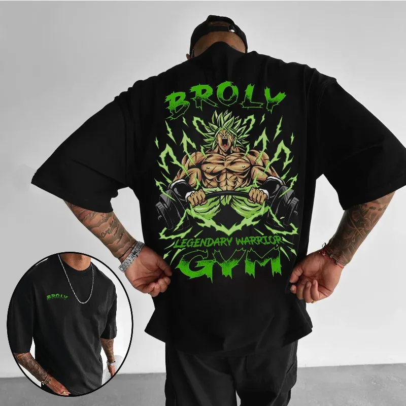 Nueva camiseta con estampado 3D de Dragon Ball Anime, camiseta gráfica de personaje Broly, diseño de elementos de texto con relámpago verde y "LEGENDARY WARRIOR GYM"