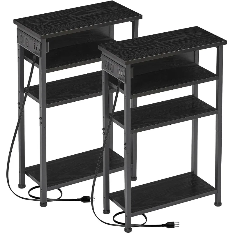 

Narrow Side Table, 4 Tier Slim Nightstands Set of 2 with Charging Station, Small End Tables for Small Spaces