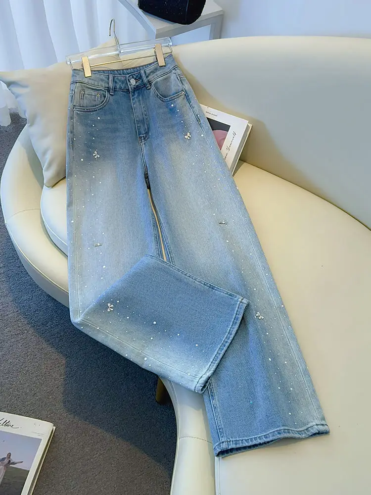 

Прямые джинсы с высокой талией, роскошные облегающие длинные брюки со стразами, высокое качество, весеннее новое поступление, женская мода