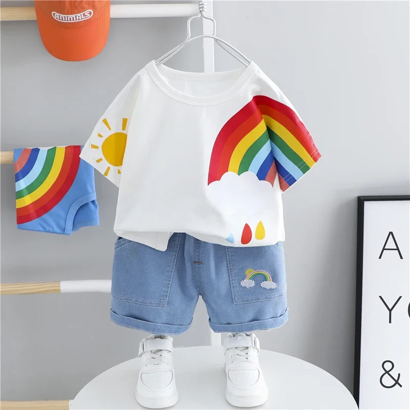 Summer Baby Boys Girls Clothing Sets Toddler Infant Outfits Kids Cotton Rainbow T Shirt Shorts Children Casual Beach Clothes