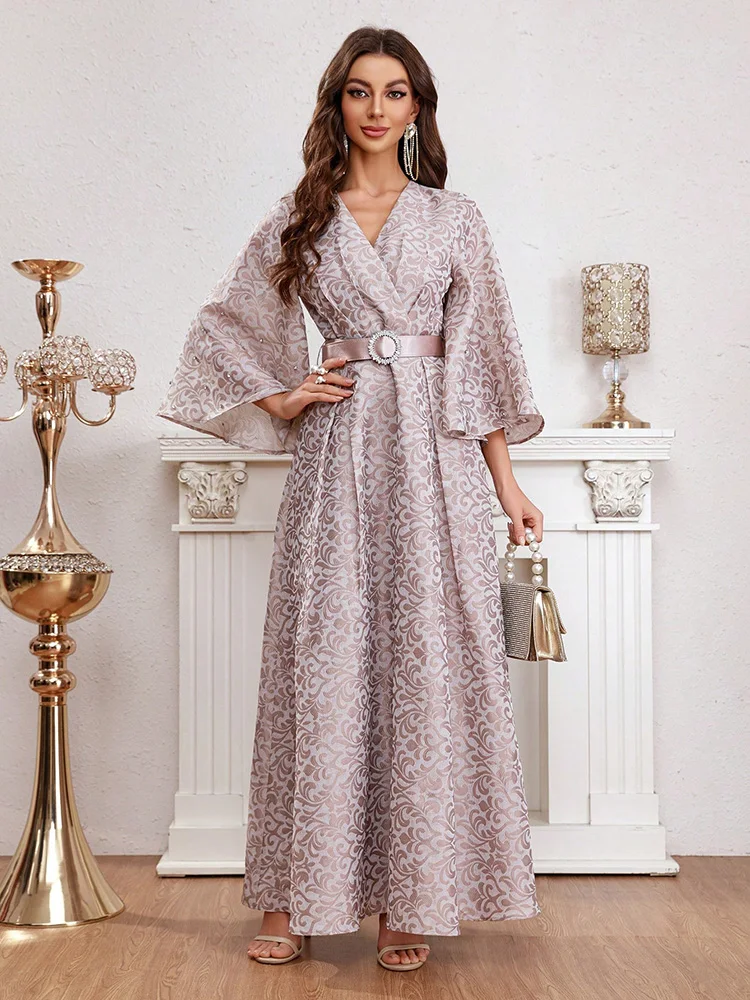 TOLEEN-Women Flare Sleeve Belted Wrap Dress, Long Dresses, All Over Print, Luxury, Elegant, Arabian Party, Evening, Summer, 2024