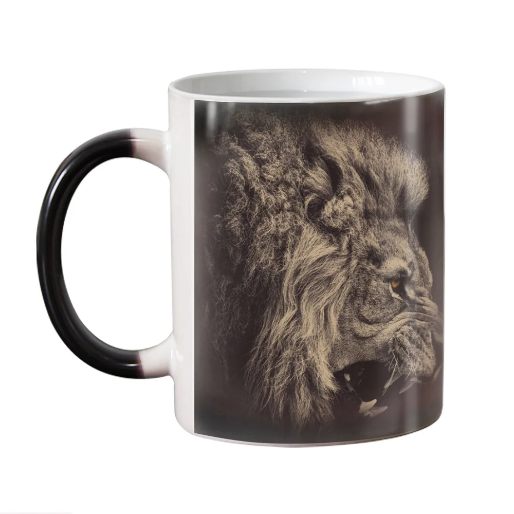 Divertente novità tazze da caffè che cambiano colore in ceramica animale leone, tazza da tè magica, regalo sorpreso, 330ML