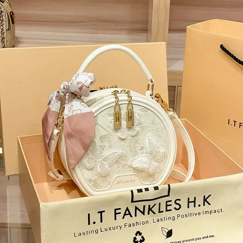 Versatile and Luxury Handheld Round Bag with Elegant Butterfly Lace and Delicate Scarves 2026 Women Popular Single Shoulder Bag