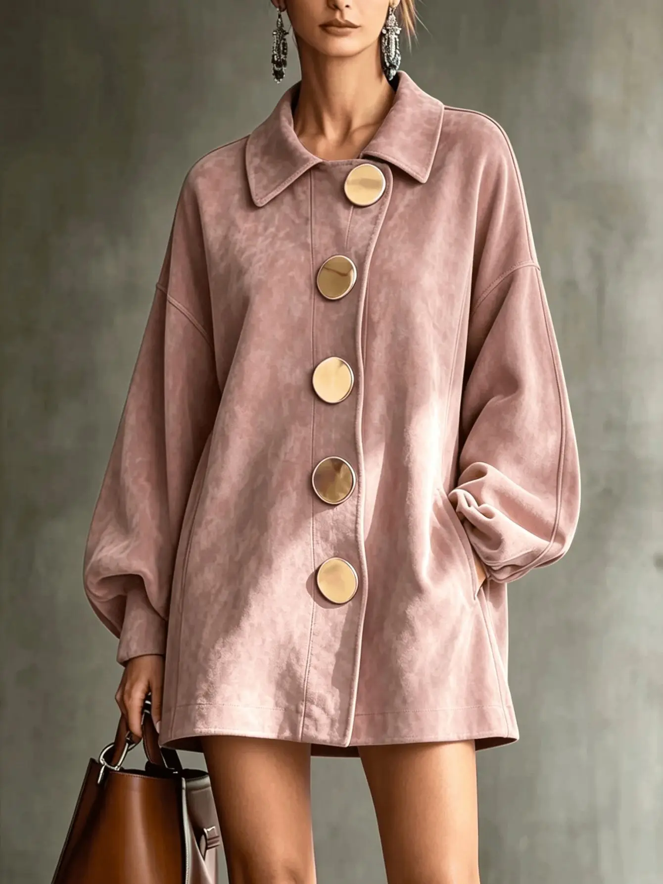 Women Faux Suede Coat Lapel Collar Large Gold Button Loose Lantern Sleeve Mid‑Length Casual Streetwear Outerwear Jacket for Lady