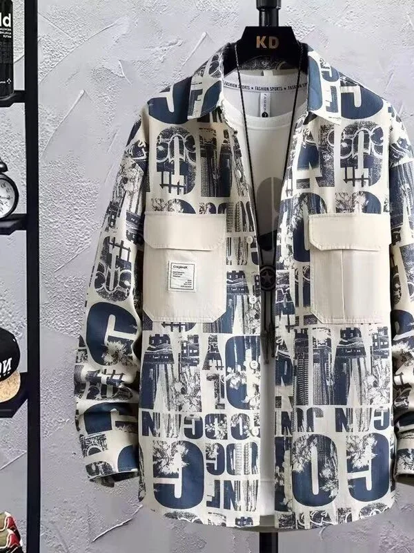 

Pure Cotton Men's Jacket Spring Autumn New Style Shirt Workwear Casual Printed Fashion Brand Handsome Youth Popular Coat