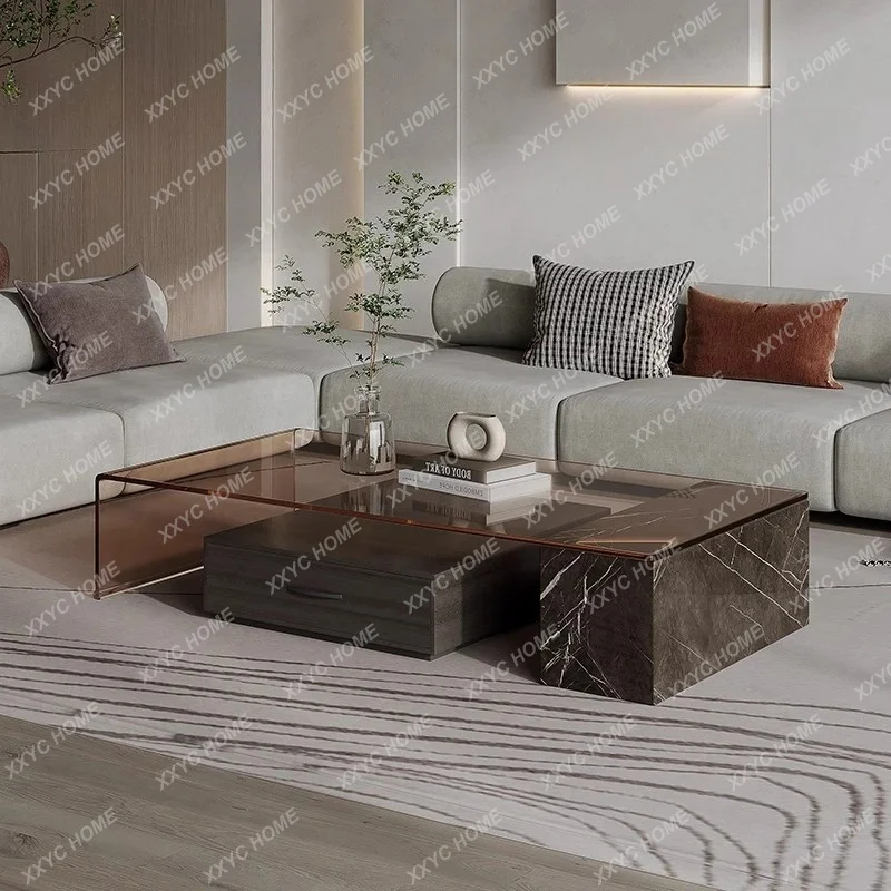 XX minimalist natural marble coffee table TV cabinet combination set furniture light luxury high-end glass