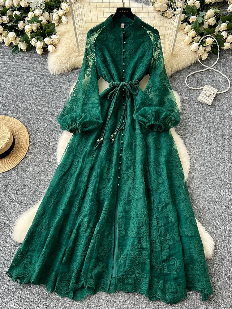 

Spring Summer European American Stand Up Collar Single Breasted Lace Dress Women Elegant Embroidery Large Swing Long Dress C205