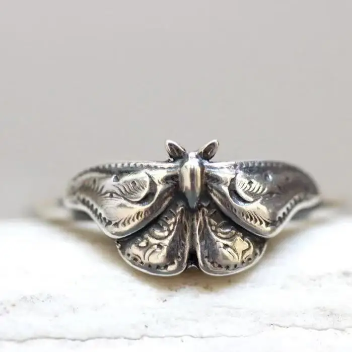 Vintage Death Moth Statement Ring, Retro Engraved Luna Moth Ring, Gothic Insect Stack‑able Jewelry, Unique Gift for Women Men view 2
