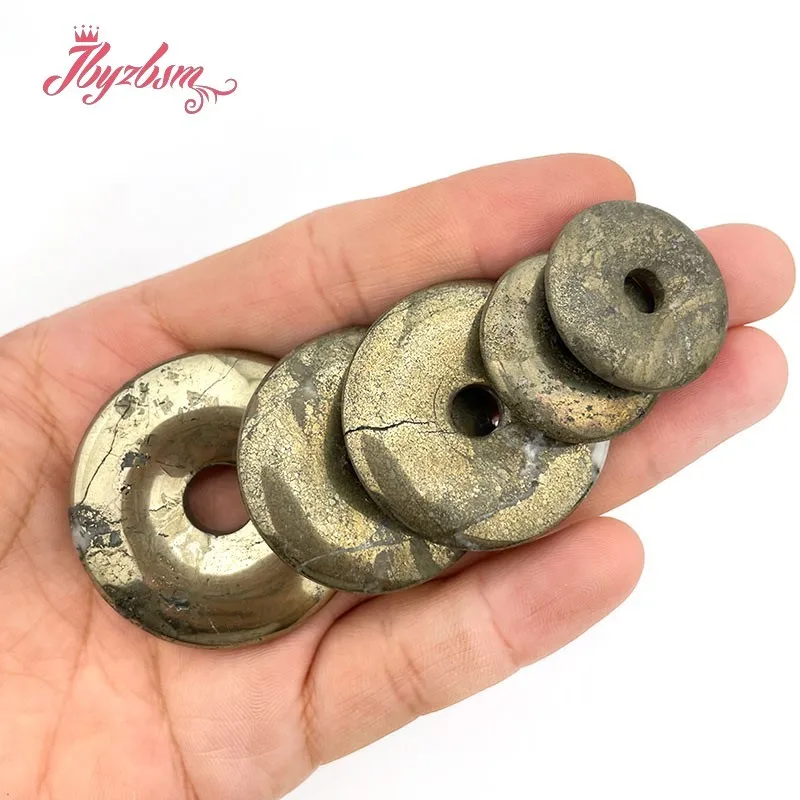 Natural Pyrite Donut Circle Round Silvers Gray Beads Stone For Necklace Pandant Earring Jewelry Making 1 Pcs 25/35/40mm