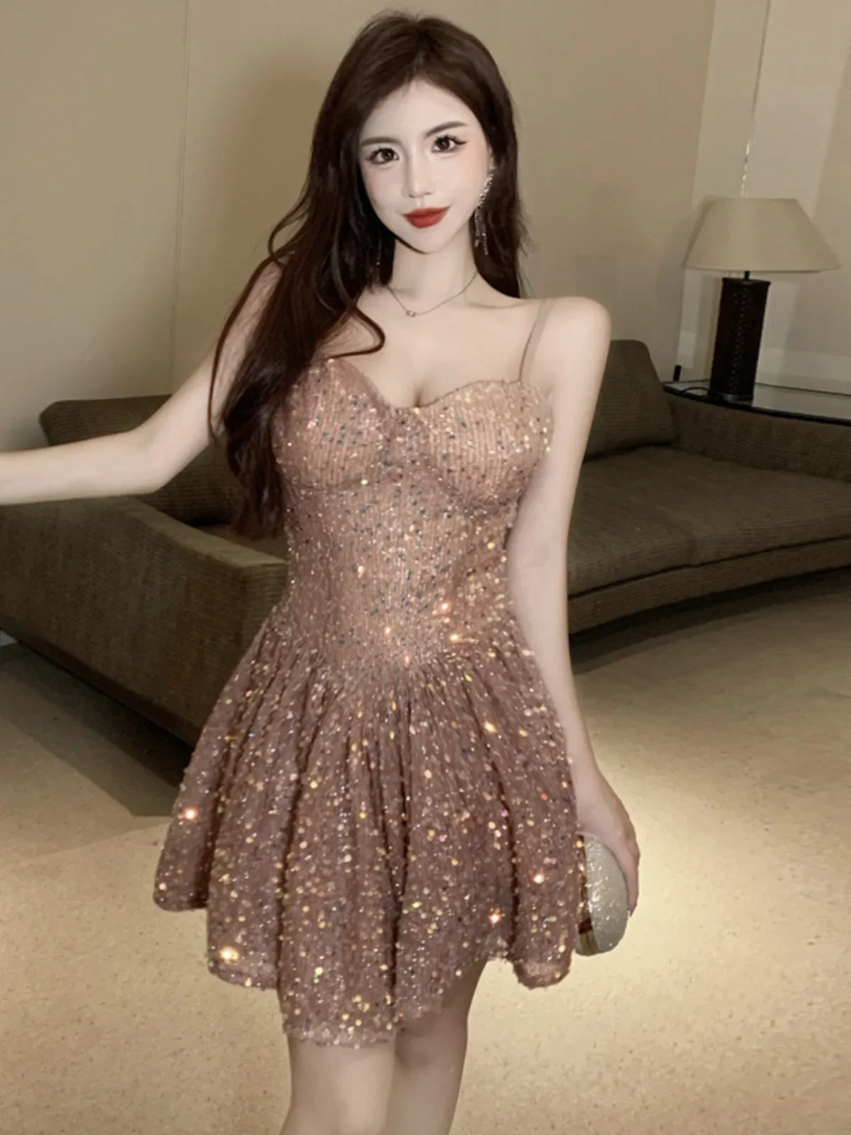 Sexy sequined suspender skirt waist slim banquet dress dress