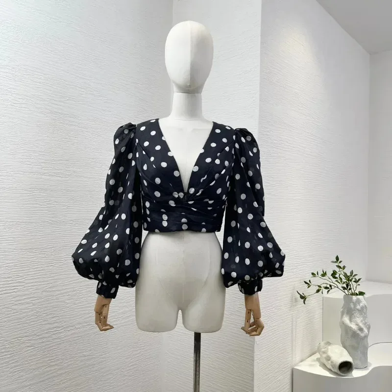 

Black White Dot Print Long Lantern V Neck Blouse Tops and Wide Leg Pants Set Ramie 2025