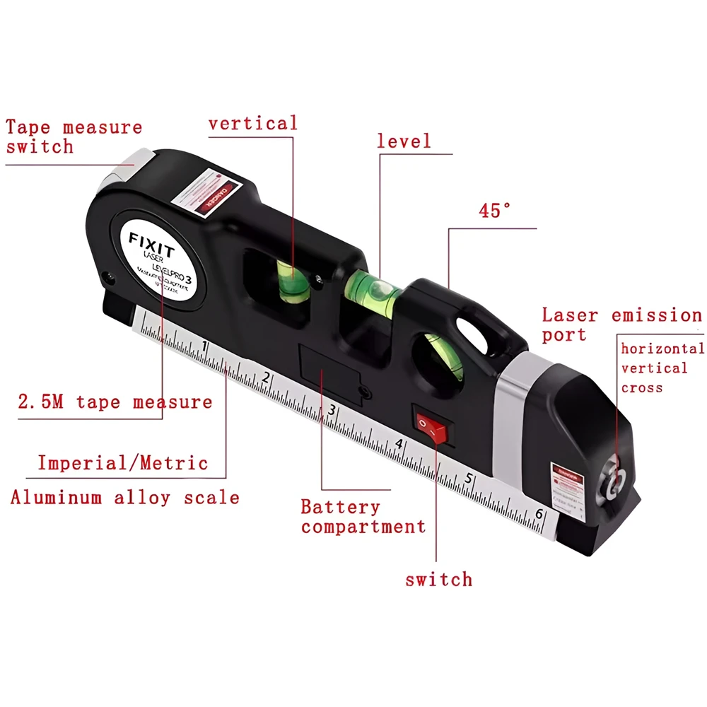 Laser Level Line Tool, Multipurpose Laser Level Kit with Tripod, Standard Cross Laser Level Tool with Metric Rulers 8ft/2.5M