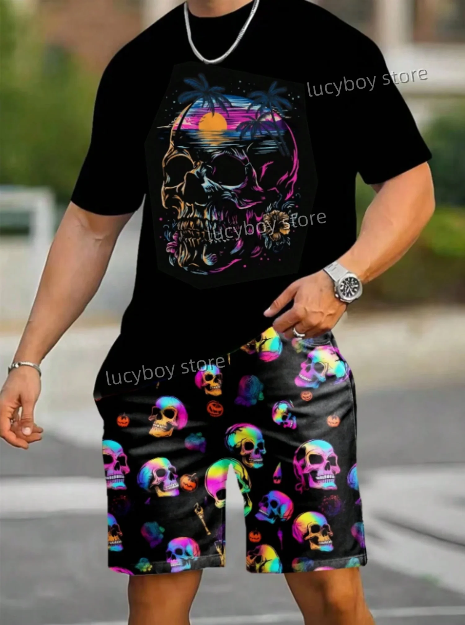

Summer Men Colorful skull print men's 2 Pieces Set Adult Sportswear Men's Tracksuit 2 Pieces Set Oversized men Clothes