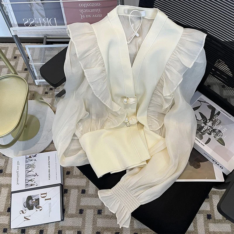 

2022 New Elegant Tops and Blouses Women chiffon ruffle Long Sleeve V Neck Blouse Shirts Blouses Spring Casual Ladies Tops