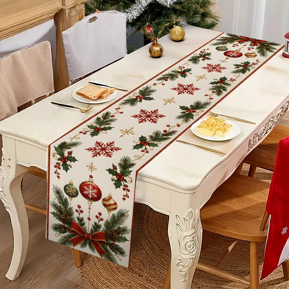 Christmas Table Runner White Background Red Snowflake Pine Branch Holly Berry Bow Ornament Pattern Xmas Table Decor for Holiday