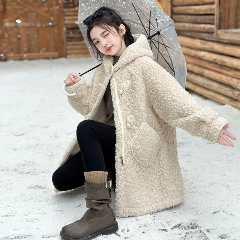 Girls Coat 2024 Winter New Childrens Clothes Girls Baby Foreign Style Relaxed Lazy Medium Long Fur Thick Coat Simple Daily