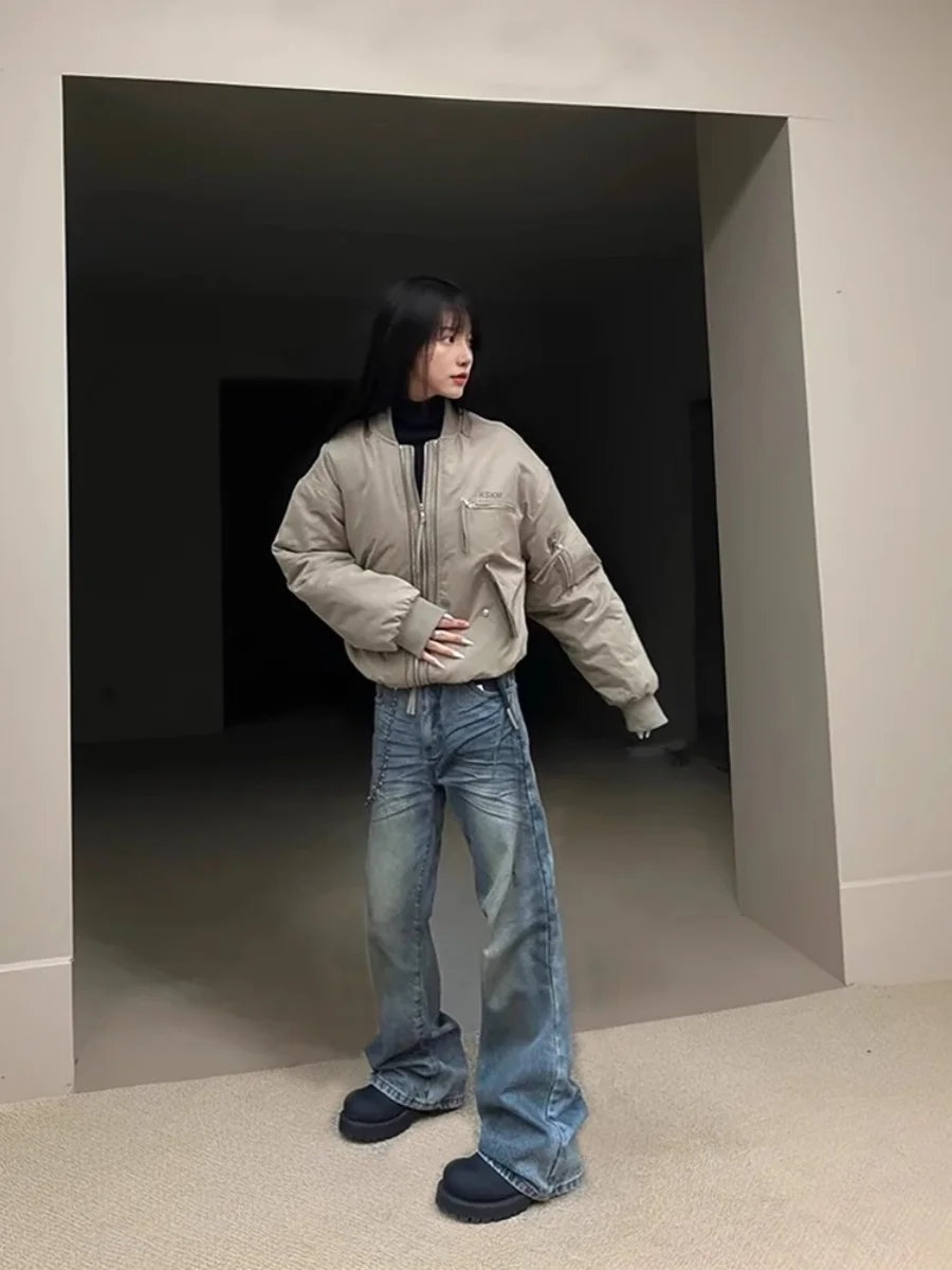 

Куртка-бомбер Fuyuan Grey Workwear для женщин, весна-осень, новая модель в американском ретро-стиле, уличная мода, для узкого круга аудитории, парная куртка-бомбер.