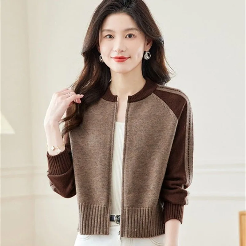 

Spring Autumn Female Long Sleeved Sweater Tops 2025 Ladies Fashion Round Neck Knitted Jacket Women Patchwork Knitting Cardigan