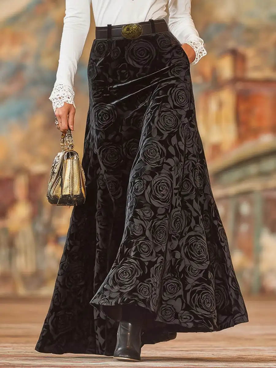 Vintage Damen Samt-Maxirock Schwarz 3D-Rosen-Jacquard Hohe Taille A-Linien-Rock mit Taschen-Design Elegante Party- und Abendröcke
