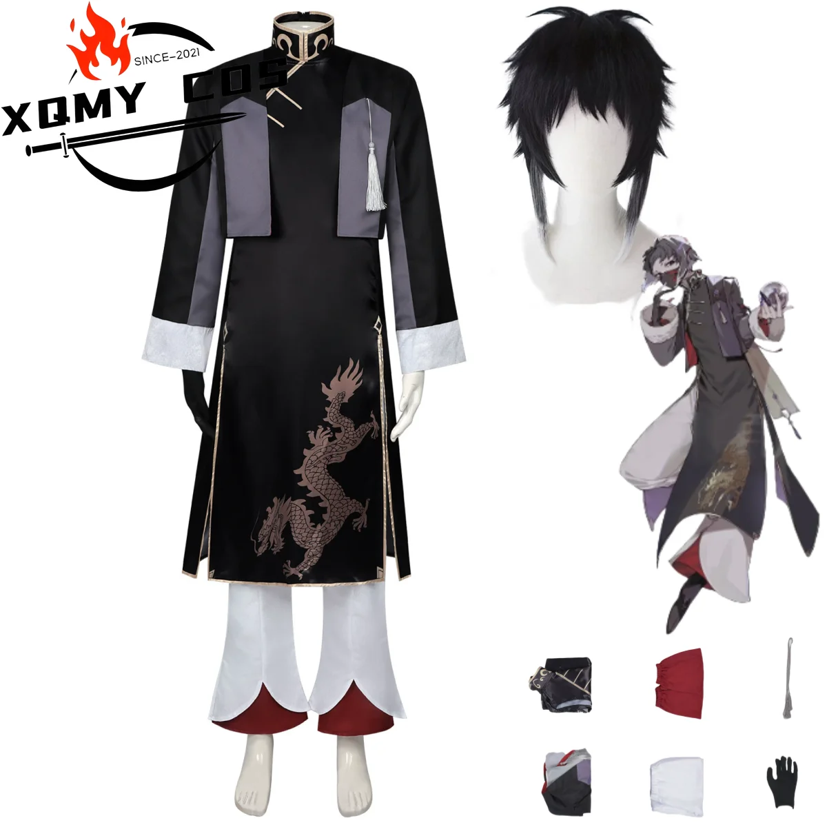 

XqAnime Bungo Stray Dogs Ryunosuke Akutagawa Cosplay Costume Chinese Style Hanfu Coat Robe Wig Man Traditional Festival Suit