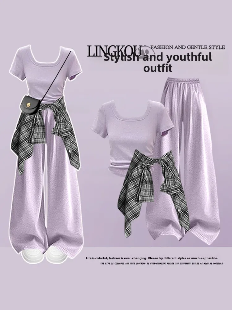 Conjunto de tres piezas de moda para mujer: camisa a cuadros informal de verano estilo coreano de talla grande, camiseta de hombros descubiertos y pantalones anchos.