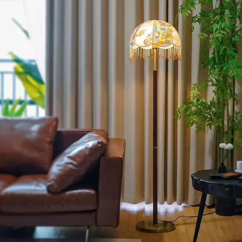 Medieval cloth tassel floor lamp living room sofa bedroom bedside  retro atmosphere printed fringed lamp foot switch