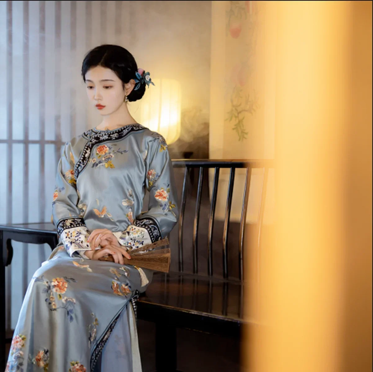 Chinese Traditional Silk Flowers Printed Long Sleeve Qing Cheongsam Women's Clothing Elegant Wedding Party Dress Chinese Dresses