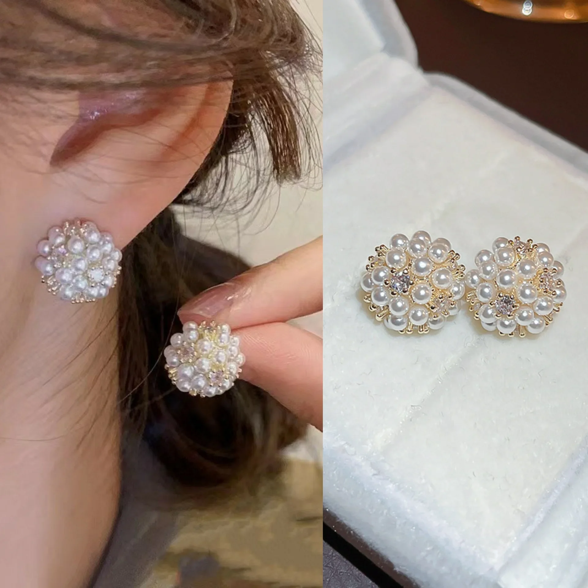 

Elegant Mini Bead Ball Stud Earrings for Women Fashion Crystal Imitation Pearl Small Earrings Party Cute Sweet Jewelry Girl Gift