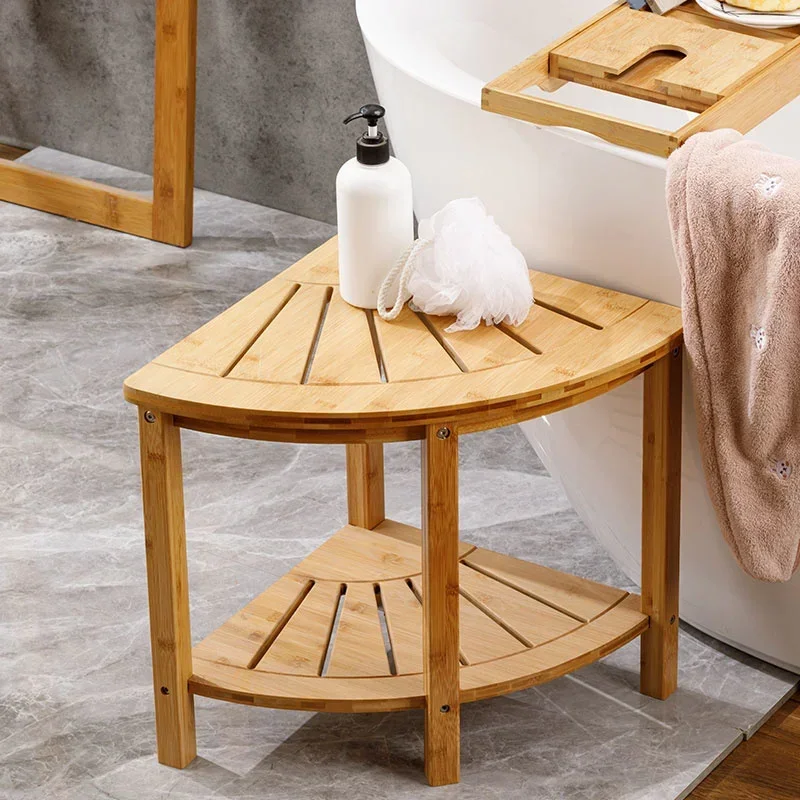Japanese Simple Bathroom Stool Fan-shaped Double-layer Bathroom Table Multi-functional Storage Shelf Bamboo Household Items