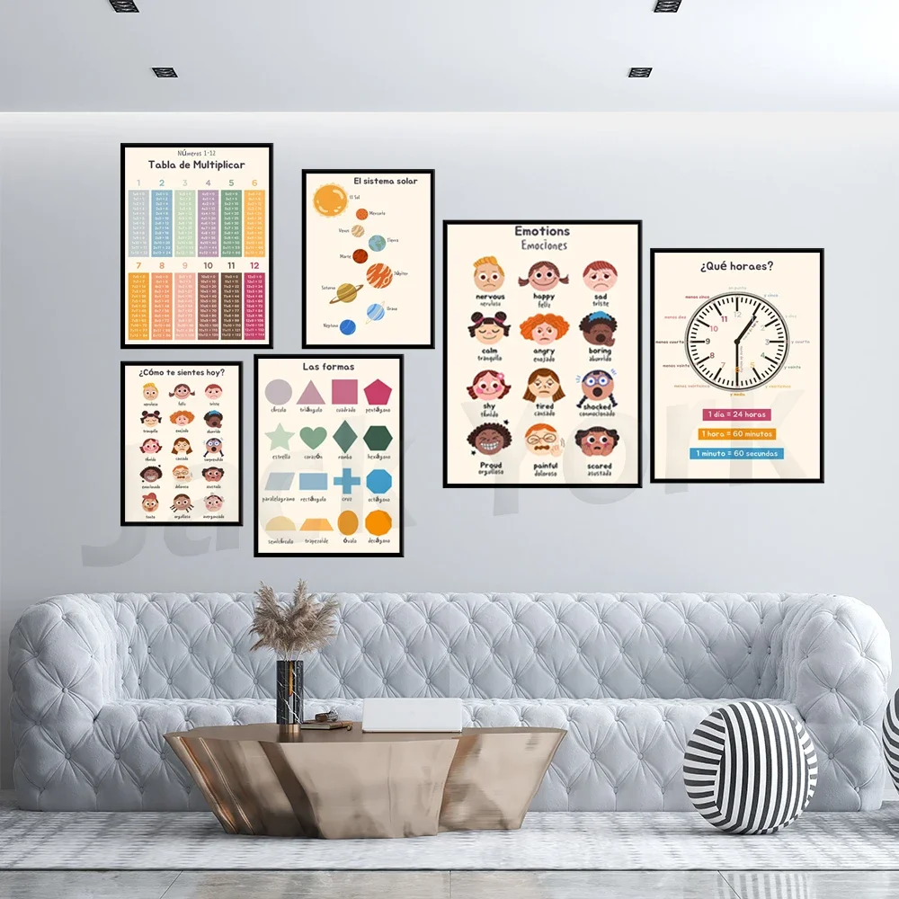 Colors, alphabet, solar system, time, Spanish kids kindergarten print art